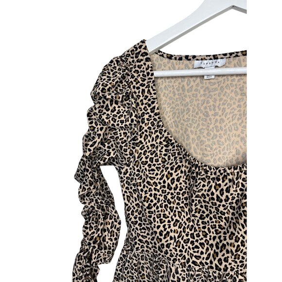 Topshop Leopard Print Puff Sleeve Fit & Flare Mini Dress Brown Tan Sz 6 - Picture 5 of 12